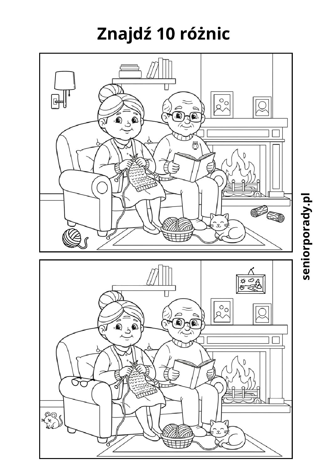 Łamigłówka typu znajdź różnice z obrazkiem przedstawiającym babcię i dziadka. Ćwiczenie na spostrzegawczość dla seniorów i dzieci.