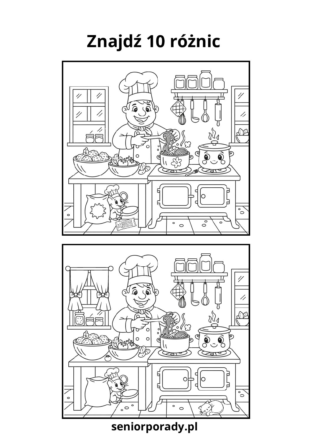 Łamigłówka typu "znajdź różnice" na dwóch obrazkach z kucharzem serwującym spaghetti. Ćwiczenie na spostrzegawczość dla dzieci i seniorów.