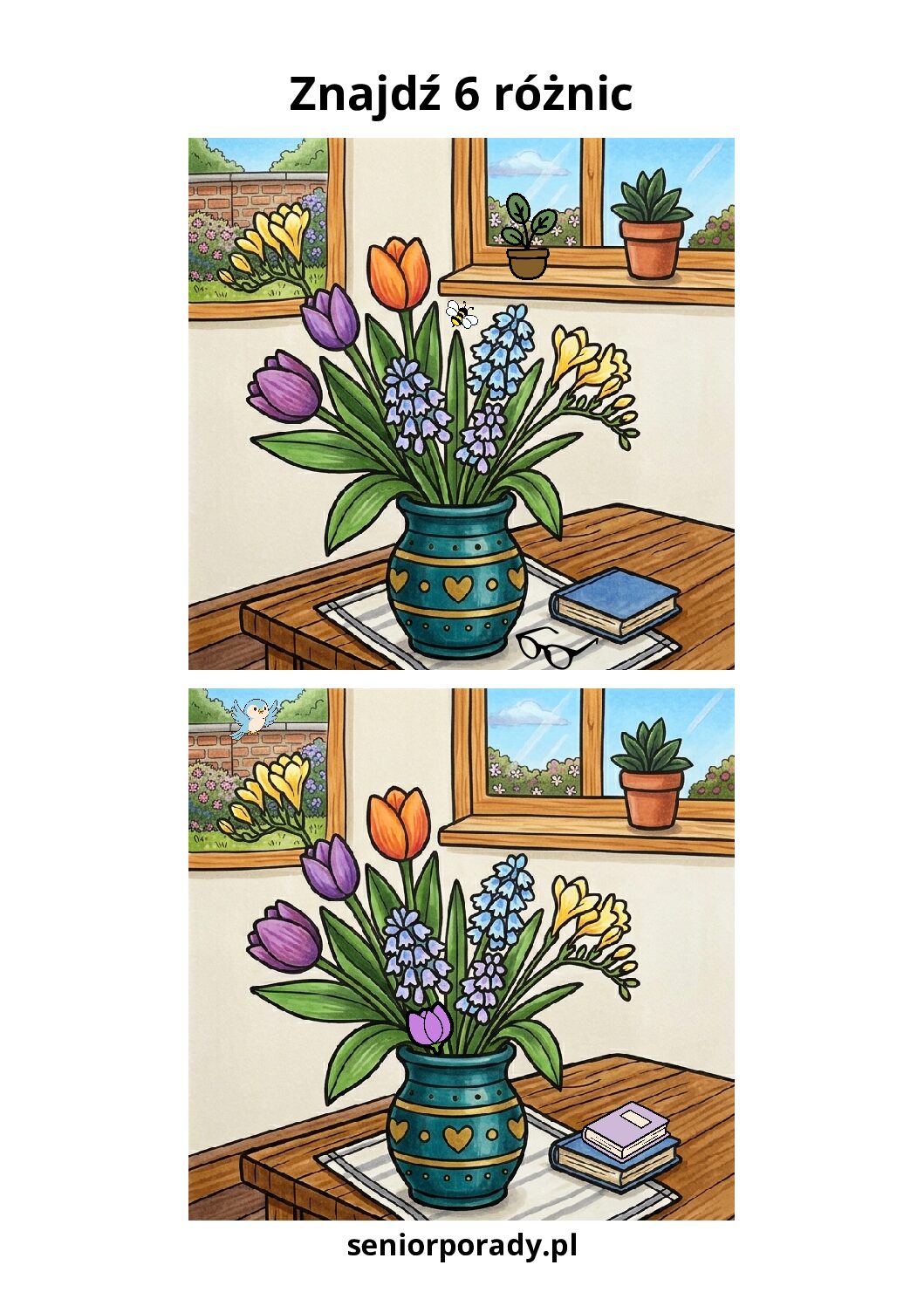 Darmowa łamigłówka znajdź 6 różnic obrazek z kwiatami w wazonie dzień florysty pdf. Trening spostrzegawczości do pobrania.