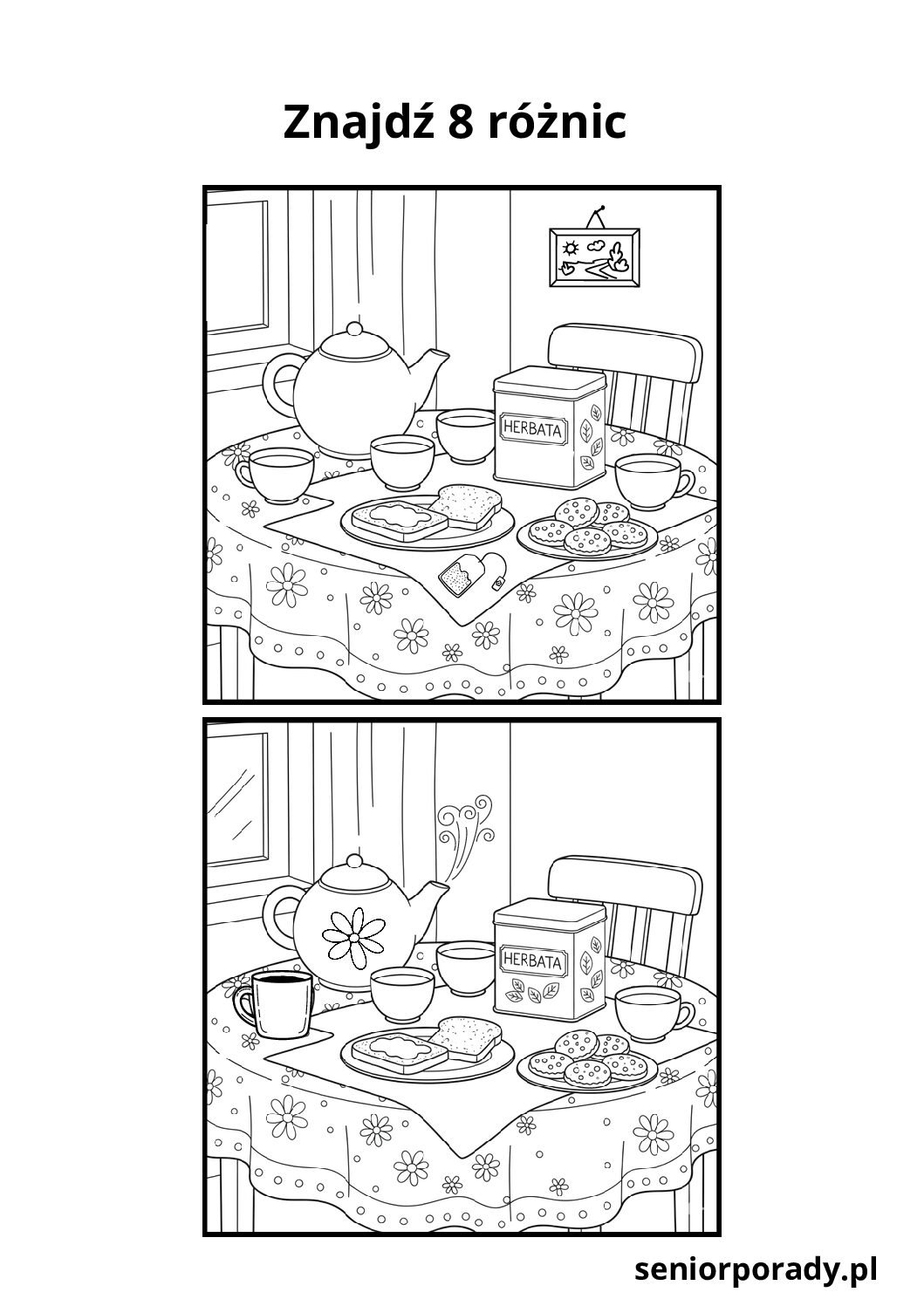 Łamigłówka typu znajdź różnice na dwóch obrazkach z herbatą. Trening spostrzegawczości dla seniorów i wnuków.