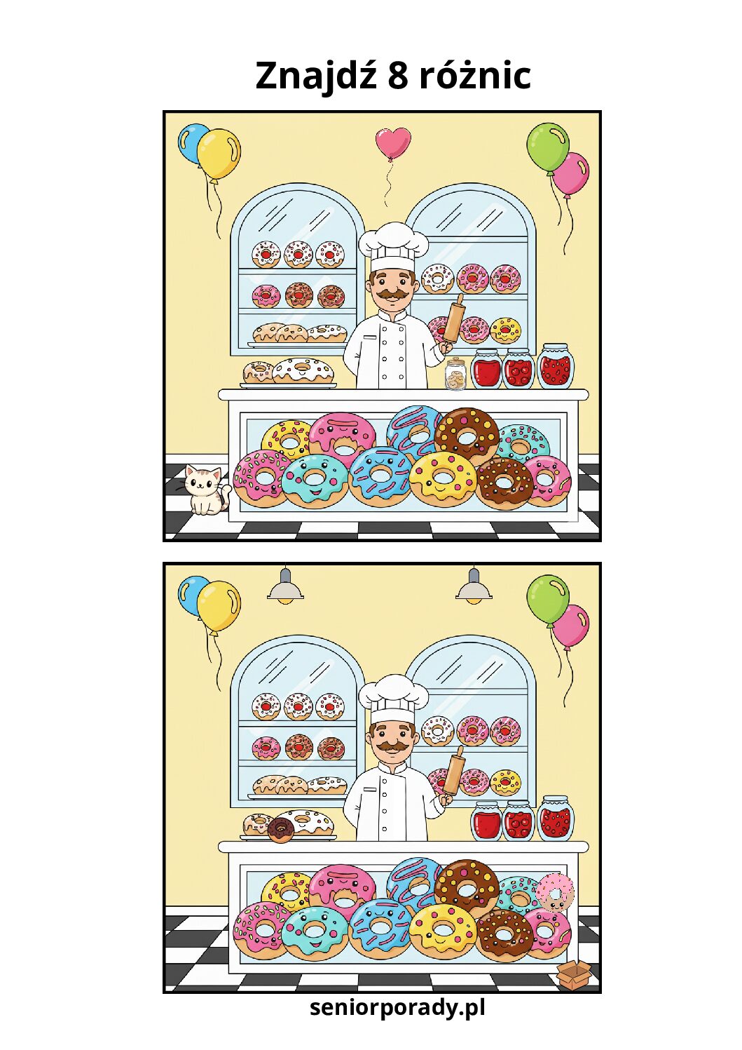 Łamigłówka optyczna "Znajdź 8 różnic". Dwa obrazki przedstawiające wąsatego cukiernika w sklepie pełnym pączków, słoików z konfiturą i balonów. Ćwiczenie koncentracji uwagi.